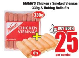 Mama's Chicken / Smoked Viennas 330g & Hotdog Rolls 6's