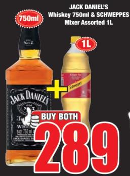 Jack Daniel's Whiskey 750ml & Schweppes Mixer Assorted 1L