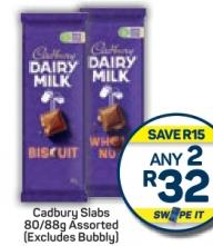 Any 2 Cadbury Slabs Assorted 80/88g (Excludes Bubbly)