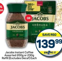 Jacobs Instant Coffee Assorted 200g or 230g Refill (Excludes Decaf) Each