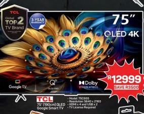 Tcl 75" QLED 4K Google Smart TV