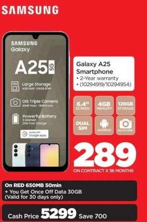 Samsung Galaxy A25 5G Smartphone with 2-Year Warranty, 6.4" Screen, 4GB RAM, 128GB Storage, Dual SIM