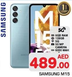 Samsung M15 5G with 6GB RAM, 128GB storage, 50 MP camera, 6000 mAh battery