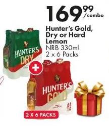 Hunter's Gold, Dry or Hard Lemon NRB 330ml 2 x 6 Packs 