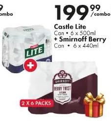 Castle Lite  6 x 500ml + Smirnoff Berry Can 6 x 440ml