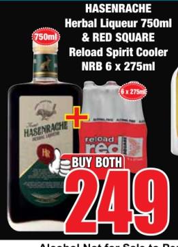 HASENRACHE Herbal Liqueur 750ml & RED SQUARE Reload Spirit Cooler NRB 6 x 275ml