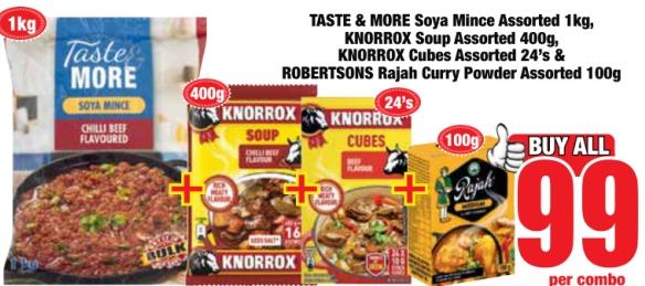 TASTE & MORE Soya Mince Assorted 1kg, KHORROX Soup Assorted 400g. KN KNORROX Cubes Assorted 24's & ROBERTSONS Rajah Curry Powder Asserted 100g 