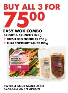 Woolworths Easy Wok Combo with Bright & Crunchy 375 g, Fresh Egg Noodles 250 g, and Thai Coconut Sauce 100 g