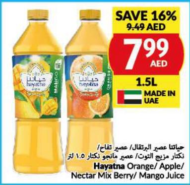 Hayatna Orange/Apple/ Nectar Mix Berry/ Mango Juice 1.5 Ltr