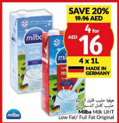 Milba Milk UHT Low Fat/Full Fat Original 4x1ltr