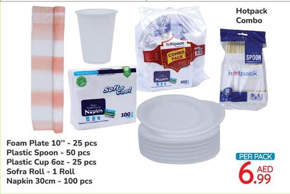 Foam Plate 10" - 25 pcs Plastic Spoon - 50 pcs Plastic Cup 6oz - 25 pcs Sofra Roll - 1 Roll Napkin 30cm - 100 pcs