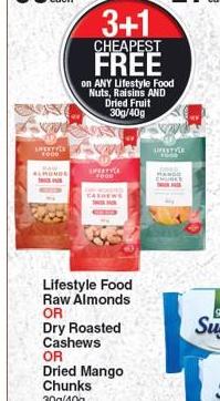 Lifestyle Food Raw Almonds OR Dry Roasted Cashews OR Dried Mango Chunks 30g/40g
