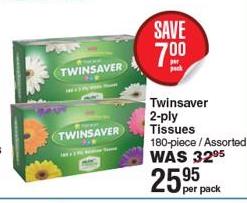 Twinsaver 2-ply Tissues 180-piece/Assorted