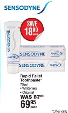 Rapid Relief Toothpaste* 75ml •Whitening • Original