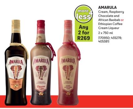 AMARULA Cream, Raspberry Chocolate and African Baobab or Ethiopian Coffee Cream Liqueur 2 x 750 ml (170950; 435278; 405381)
