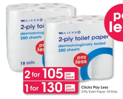 Clicks Pay Less 2-Ply Toilet Paper 18 Rolls