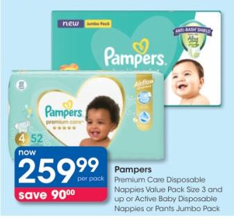 Pampers Premium Care Disposable Nappies Value Pack Size 3 and up or Active Baby Disposable Nappies or Pants Jumbo Pack