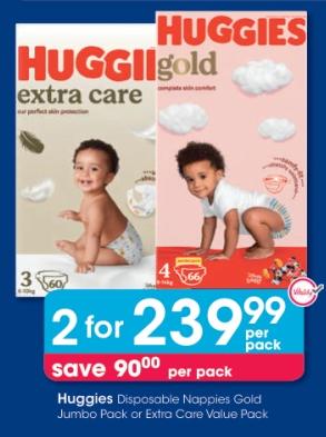 Huggies Disposable Nappies Gold Jumbo Pack or Extra Care Value Pack