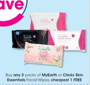 Buy any 3 packs of MyEarth or Clicks Skin Essentials Facial Wipes, cheapest 1 FREE