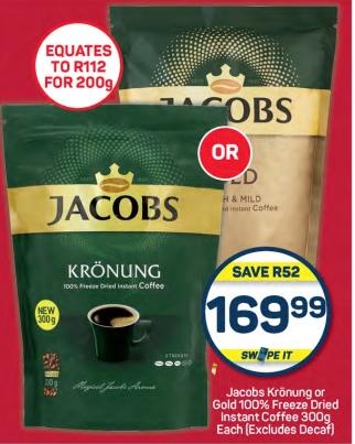 Jacobs Krnung or Gold 100% Freeze Dried Instant Coffee 300% Each (Excludes Decaf)
