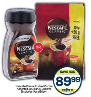 Nescafé Classic Instant Coffee Assorted 200g or 230g Refill (Excludes Decaf) Each