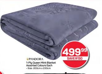PANDORA 1-Ply Queen Mink Blanket Assorted Colours Each Size: 200cm x 230cm