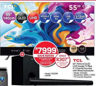 TCL 55° (140cm)] QLED UHD Google TV Plus 2.1 Channel Sounbar with Wired Subwoofer -Model: 55C645 -Resolution 3840 x 2160 .TV License Required