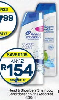 Head & Shoulders Shampoo, Conditioner or 2in1Assorted 400ml Any 2