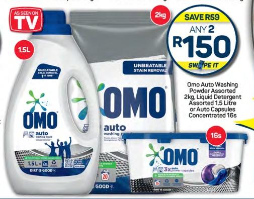 Omo Auto Washing Powder Assorted 2kg, Liquid Detergent Assorted 1.5 Litre or Auto Capsules Concentrated 16s