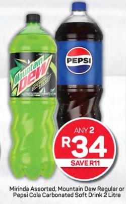 Mirinda Assorted, Mountain Dew Regular or Pepsi Cala Carbonated Soft Drink 2 Litre Any 2