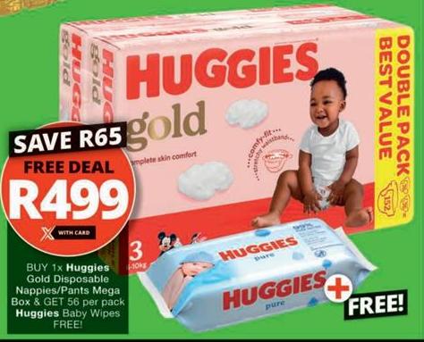 BUY 1x Huggies Gold Disposable Nappies/Pants Mega Box & GET 56 per pack Huggies Baby Wipes FREE!