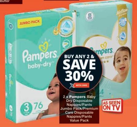 2 x Pampers Baby Dry Disposable Nappies/Pants Jumbo Pack/Premium Care Disposable Nappies/Pants Value Pack