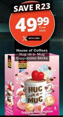 House of Coffees Hug-in a- Mug Cappuccino Sticks 8 Per Pack
