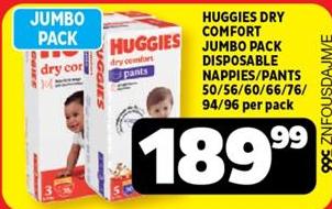 HUGGIES DRY COMFORT JUMBO PACK DISPOSABLE NAPPIES/PANTS 50/56/60/66/76/ 94/96 per pack