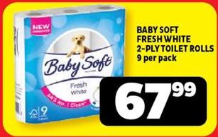 BABY SOFT FRESH WHITE 2-PLY TOILET ROLLS 9 per pack