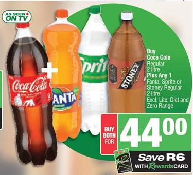 Buy Coca Cola Regular 2 litre Plus Any 1 Fanta, Sprite or Stoney Regular 2 litre Excl. Lite, Diet and Zero Range