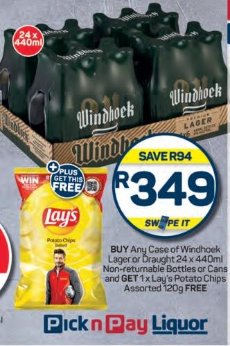BUY Any Case of Windhoek Lager or Draught 24 x 440ml Non-returnable Bottles or Cans and GET 1x Lay's Potato Chips Assorted 120g FREE