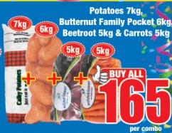 Potatoes 7kg, Butternut Family Pocket 6kg, Beetroot 5kg & Carrots 5kg