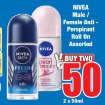 NIVEA Male / Female Anti- Perspirant Roll On Assorted 2x50ml