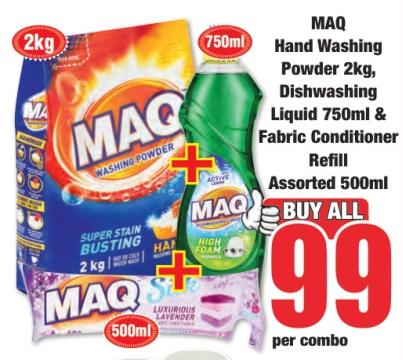 MAQ Hand Washing Powder 2kg, Dishwashing Liquid 750ml & Fabric Conditioner Refill Assorted 500ml