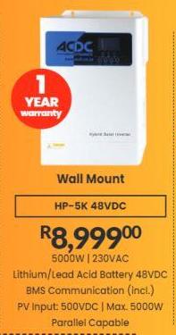 Acdc Wall Mount 5000W | 230VAC Lithium/Lead Acid Battery 48VDC BMS Communication (incl.) PV Input: 500VDC | Max. 5000W Parallel Capable