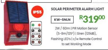 SOLAR PERIMETER ALARM LIGHT, 2W / 60lm | PIR Motion Sensor (5-8m/125°) | Siren (129dB), Flashing LED's | c/w Remote Control to set Working Mode