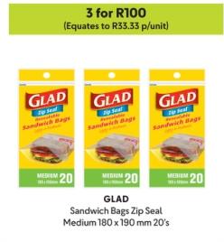 GLAD Sandwich Bags Zip Seal Medium 180 x 190 mm 20's