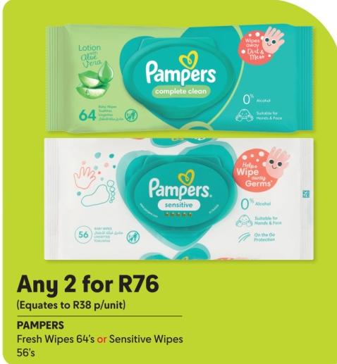 PAMPERS Fresh Wipes 64's or Sensitive Wipes 56's Any 2