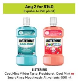 Listerine Cool Mint Milder Taste, Freshburst, Cool Mint or Smart Rinse Mouthwash (All variants) 500 ml Any 2