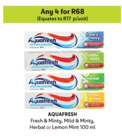 Aquafresh Fresh & Minty, Mild & Minty, Herbal or Lemon Mint 100ml Any 4