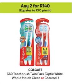 360 Toothbrush Twin Pack (Optic White, Whole Mouth Clean or Charcoal) any 2 