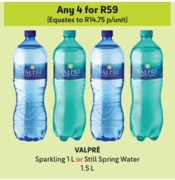 VALPRÉ Sparkling 1L or Still Spring Water any 4 