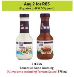 STEERS Sauces or Salad Dressing (All variants excluding Tomato Sauce) 375ml Any 2