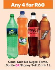 Coca-Cola No Sugar, Fanta, Sprite OR Stoney Soft Drink 1 L Any 4